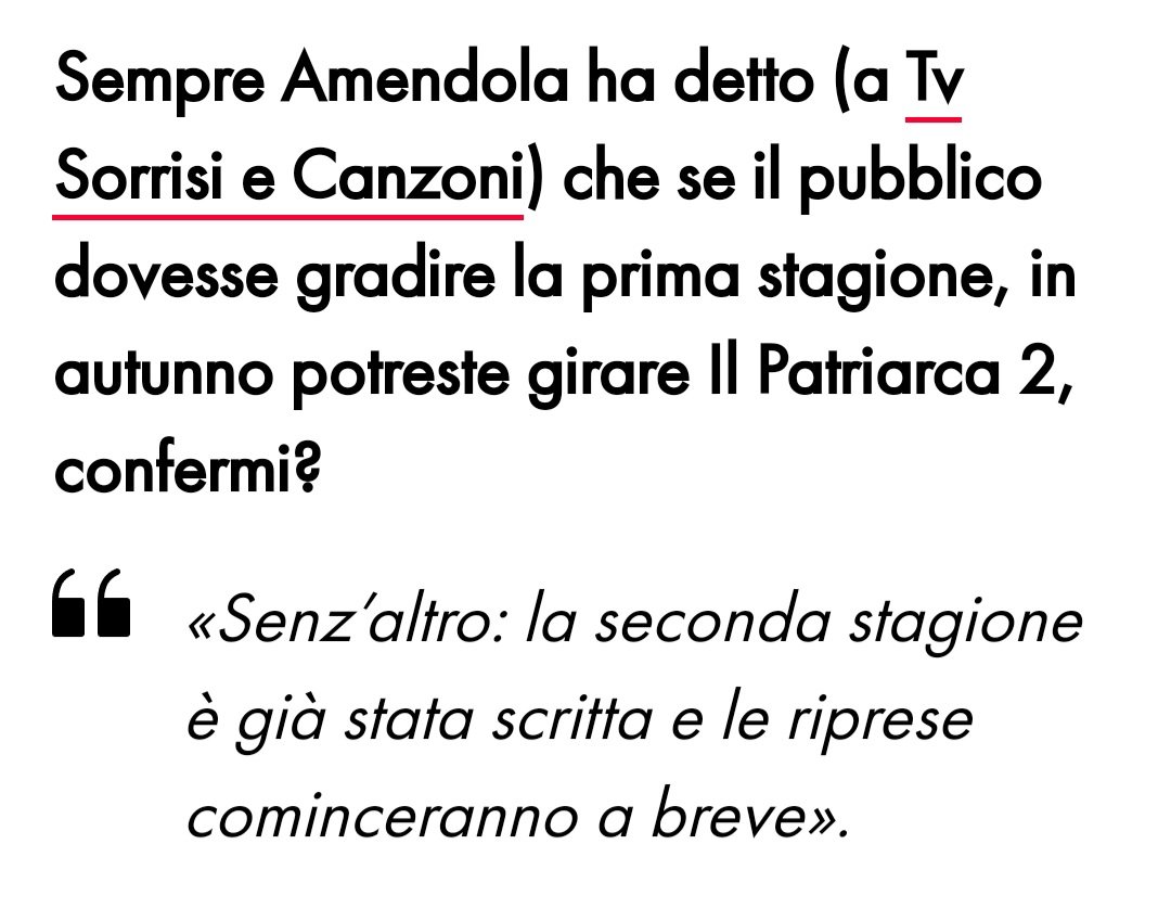 LA SECONDA STAGIONE CI SARÀ lo conferma lo sceneggiatore della serie su questa intervista rilasciata a tvblog qualche settimana fa quindi appuntamento a fine 2024/inizio 2025 #ilpatriarca