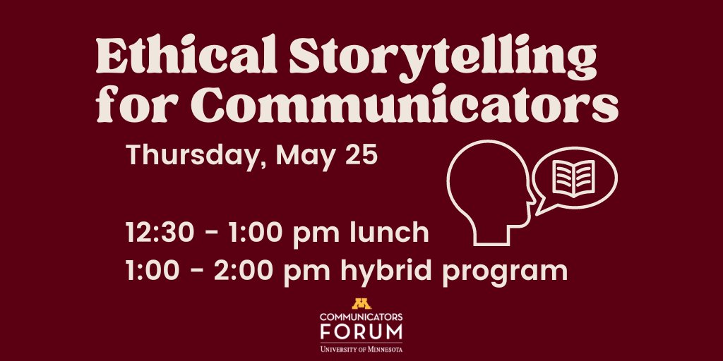 umcf's tweet image. What is ethical storytelling?
Why does it matter?

Join us Thursday, May 25 for this event featuring speakers from the University of Minnesota Foundation. 

Lunch provided to in-person attendees. Register now: umcf.umn.edu/event/ethical-…

#ethicalstorytelling w/@UMN_Give