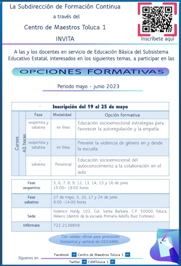CdMToluca1's tweet photo. El Centro de Maestros Toluca 1 les invita cordialmente, a todos aquellos interesados en la formación y mejora continua, acerca de temas como la equidad de género y la educación socioemocional, a participar en las Opciones Formativas del periodo mayo-junio https://t.co/IBbDVDbTx6