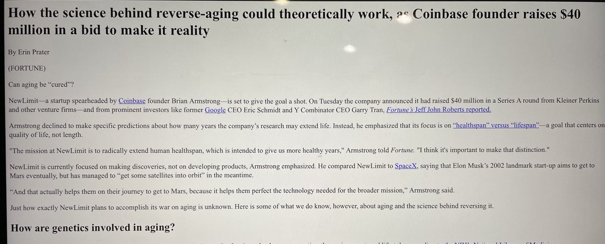 buyside4life's tweet image. Brian Armstrong does NOT lack ego. Fortune-“How the science behind reverse aging could theoretically work as Coinbase Founder raises $40 million in a bid to make it reality.”  #Coinbase Check out arrogance at newlimit.com @AlderLaneEggs @ParrotCapital @Cryptadamist