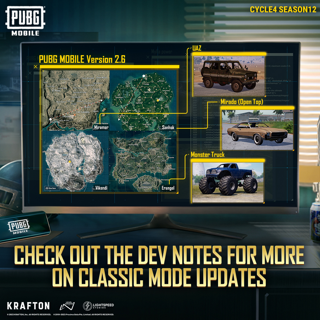 PUBGMOBILE's tweet image. Ready for some classic action?
Pump up the adrenaline in the newly-updated Classic Mode! Check out the latest Dev Notes below:
📝: tinyurl.com/tthj4hh3
📲 pubgmobile.live/C4S12BRUPDATES
#PUBGMOBILE #PUBGMOBILEC4S12 #DEVNOTES