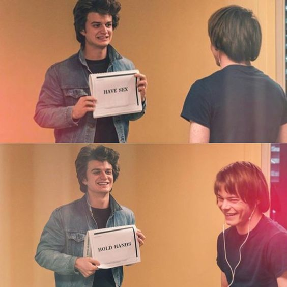 lesbianancy's tweet photo. i know everyone under the sun has done one of these but thread of my fave stranger things bts/promo pictures https://t.co/g75r49LduD