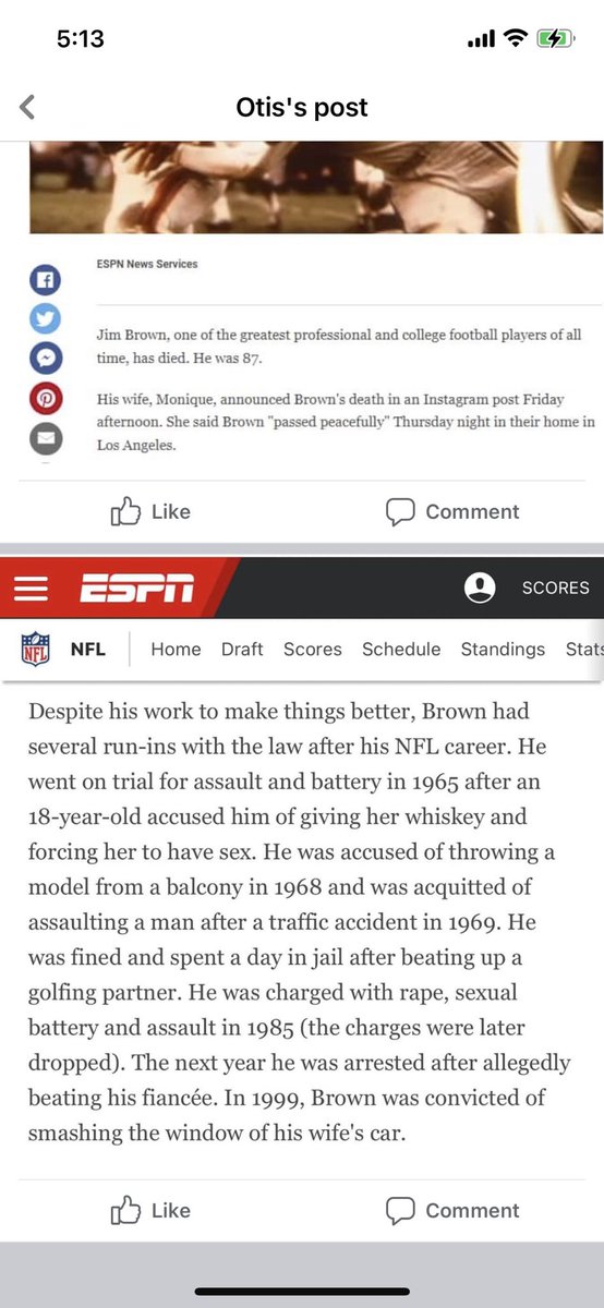 The body ain’t even cold yet but you want to bring up allegations from 1965 meanwhile it took weeks for you to mention how Brett farve was stealing welfare money from Mississippi..pathetic <a href="/espn/">ESPN</a> 

To the Brown family sue <a href="/espn/">ESPN</a> for defamation of character 

#RIPJimBrown