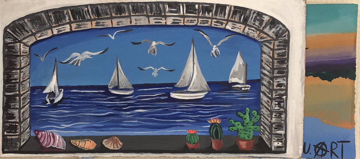 AnarckBlackCat's tweet photo. #Artwork by👉🏻#UnknownArtist #Art 
#UnknownArt #ArtIsLove🖼️♥️🫶🏻 
#Uart🎨🖌️ #TrompelOeil #Painting 
#StoneWindow #SlateShelf #Shells 🐚🐚🐚 #FatPlants #Sea🌊🌊🌊🌊🌊 
#Sailboats⛵️⛵️⛵️⛵️ #Seagulls #Free 
#Freedom #GoodVibesOnly 🩵💙💜
#Colors Look at the window 🪟🥹
🐲🪐🔥🐉 https://t.co/W1toM246aO