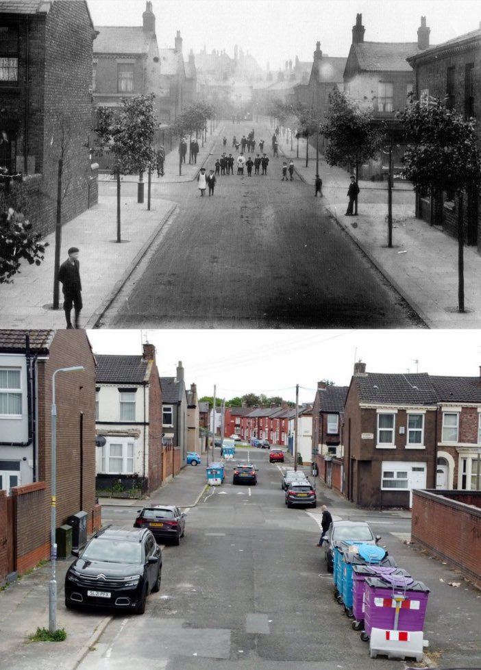 What a melancholy comparison. It’s time, lavishly & liberally, to replant street trees, widen pavements, rip out ugly lights & reclaim streets from their highways officer overlords Dickens Street, Toxteth, 1911 vs 2023 📸 via the great @keithjones84 who is very worth following