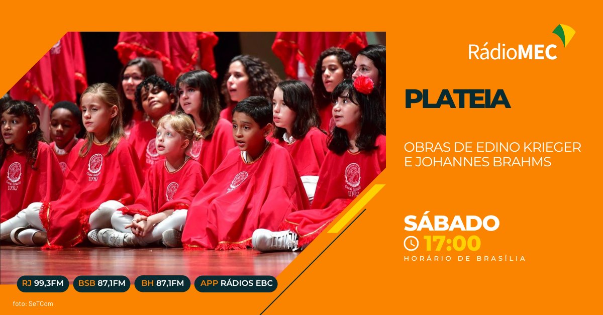 radiomec's tweet photo. 🎼No #Plateia, ouça obras de Edino Krieger e Johannes Brahms.
🎻Confira o concerto realizado na Sala Cecília Meireles, com a Orquestra Sinfônica e o Coro Infantil da UFRJ.
🔴NO AR, sábado, 17h 🎵
📻RJ 99,3 FM • DF 87,1 FM • BH 87,1 FM
💻https://t.co/UyhQJjSKLy
📱app Rádios EBC https://t.co/ETY7gOpIeA