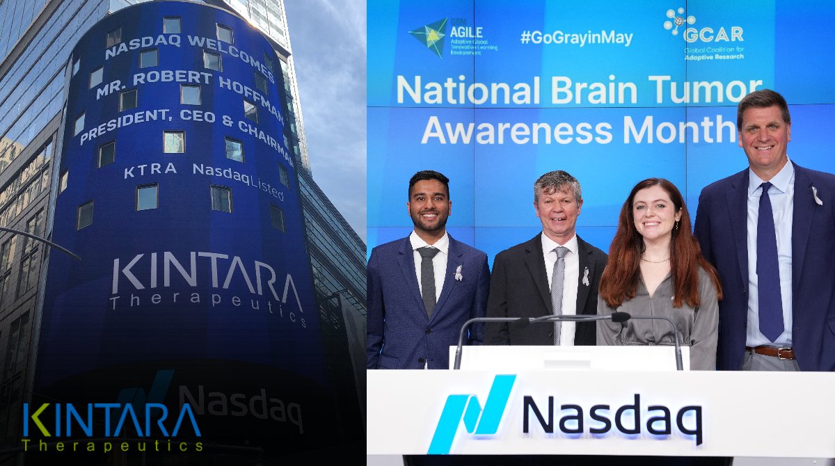 The Kintara team was honored to ring the @NASDAQ #ClosingBell today alongside @GCAResearch and @NBTStweets in commemoration of National #BrainTumor Awareness Month. #GoGrayinMay Learn more about our work: bit.ly/3Wmxc6G $KTRA #KTRA