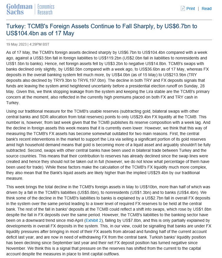 Goldman Sachs hulasa “Net döviz rezervi -79 milyar #dolar mertebesine gerileyen Türkiye duvara tosladı.” diyor. #bankalar #borsa #xbank