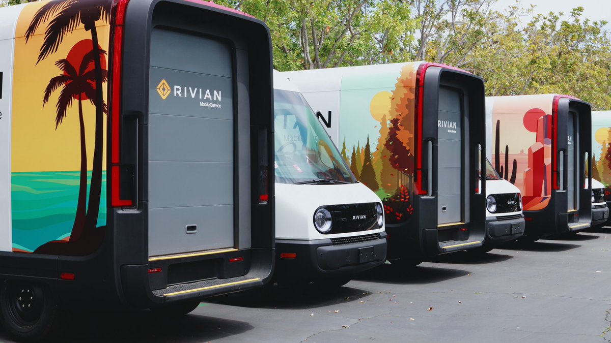 Rivian's tweet photo. Our fleet of all-electric Rivian Service Vans is growing alongside our network of Service Centers. Hundreds of these vehicles are hitting the road this year, taking care of 80% of service and maintenance items, including vehicle-to-vehicle charging. 
https://t.co/VImfNXVvbg https://t.co/vU1FMzjO5a