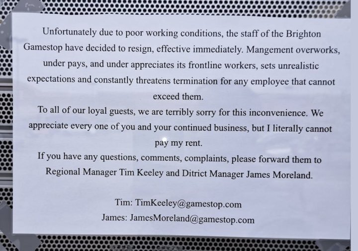 fuckyouiquit's tweet photo. GME staff for the win! The entire store said fuck you I quit. I definitely don’t envy Tim and James inboxes. https://t.co/xIjrVyqy71