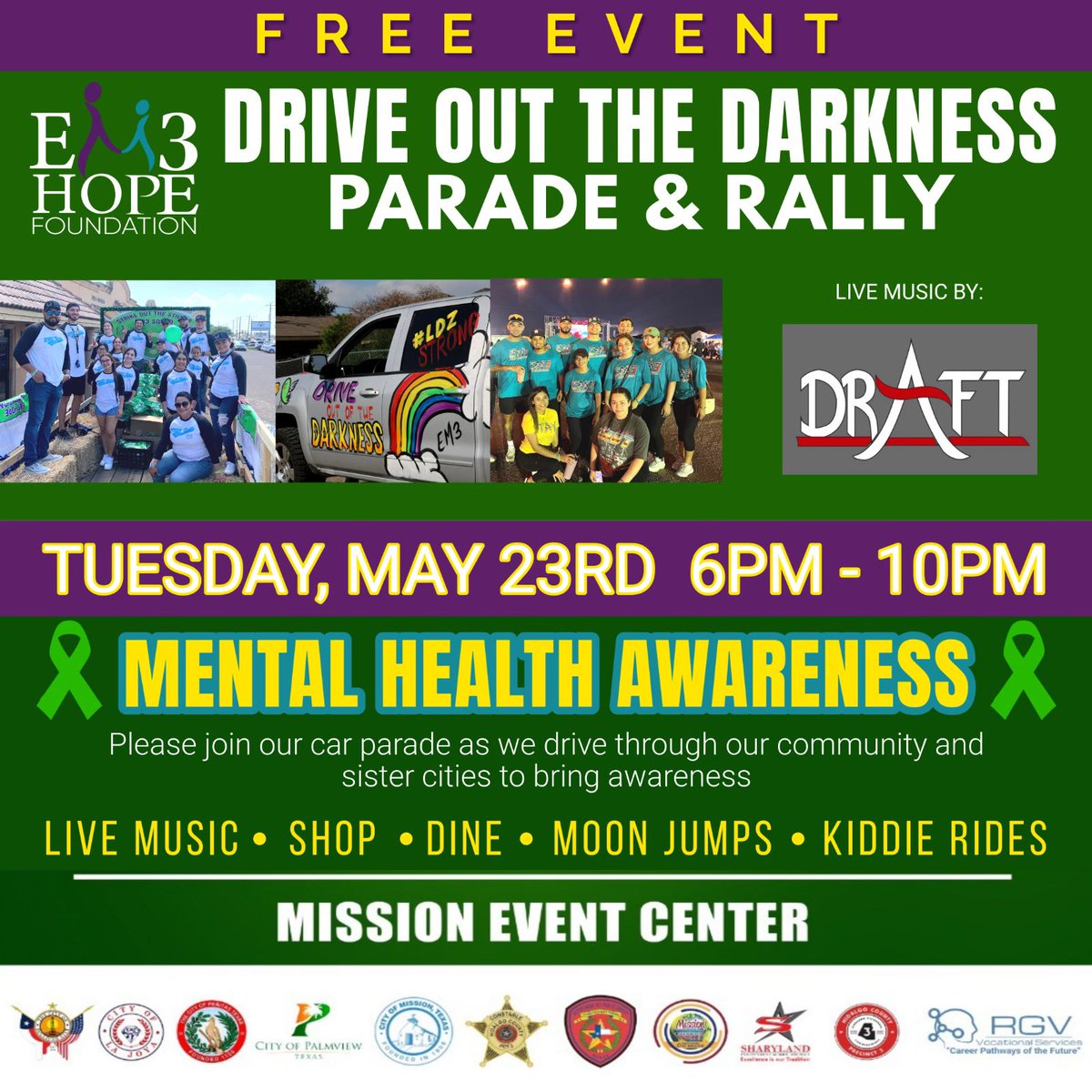 Em3Hope's tweet image. We are extremely excited for our 4th Annual “Drive out of the Darkness Parade &amp;amp; Rally” coming up. 
 
Join us this Tuesday, May 23rd in raising awareness and spreading the word that YOU ARE NOT ALONE and IT’S OK NOT TO BE OK. 💚 
#mentalhealthrally #rgvevents #em3hope