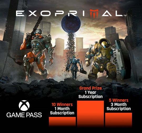 Prize module online.

Win up to a year of Xbox Game Pass with the Exoprimal Xbox Game Pass Giveaway! This contest is limited to U.S. Exofighters. Enter at the link below, and don't forget to tell your friends. Remember, a team lift makes the dream lift.
🦖 ow.ly/H4KT50Oswj7