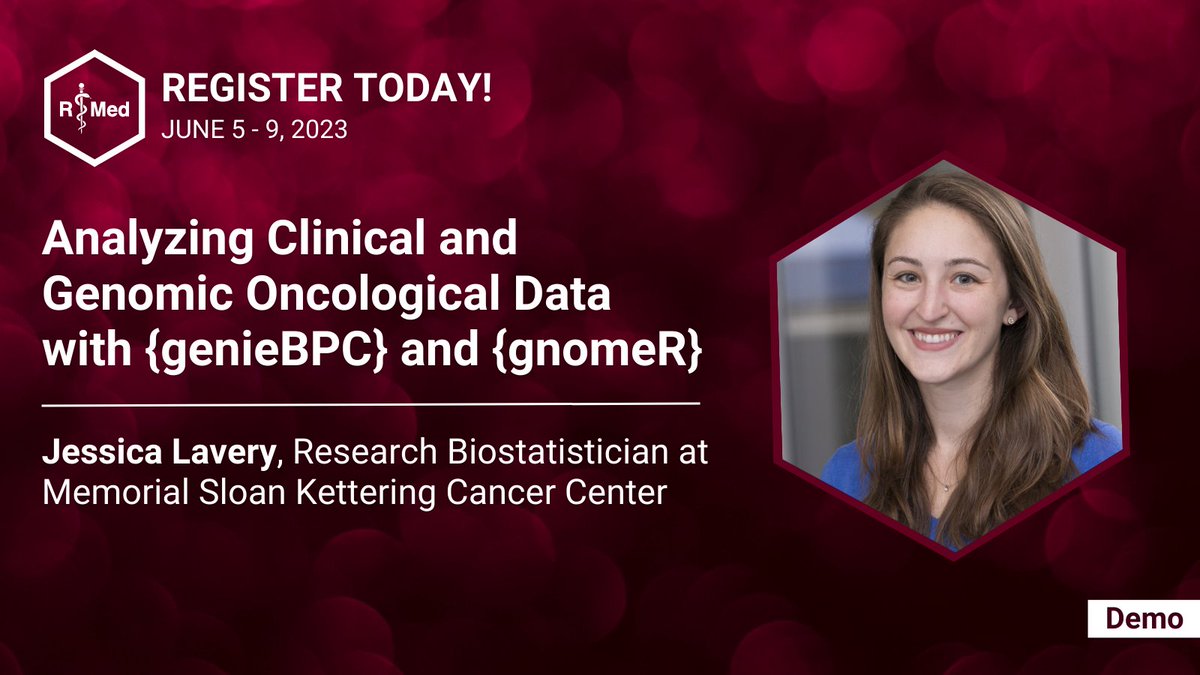 Jessica Lavery (@jessicalavs), Research Biostatistician at @MSKCancerCenter, will be leading the demo for 'Analyzing Clinical and Genomic Oncological Data with {genieBPC} and {gnomeR}.'  #Rstats #Rprogramming | Register for #RMed2023➡️ 
events.linuxfoundation.org/r-medicine/