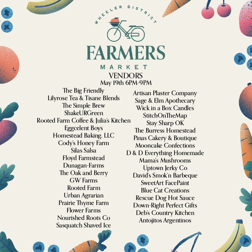 TONIGHT! Join us for the Wheeler District Farmers Market from 6-9PM.

Shop over 30 vendors with fresh produce, baked goods, pantry staples, and more in a family friendly market environment!