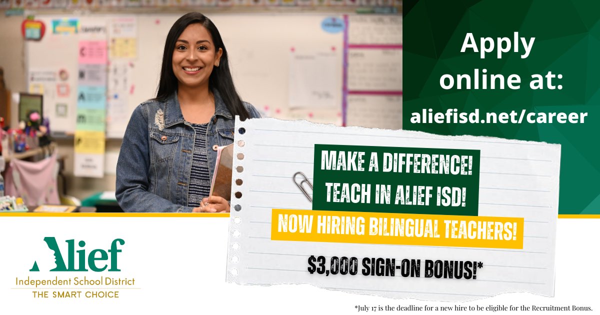 AliefISD's tweet photo. 📣 We're hiring Bilingual Teachers! Don't miss out on our $3,000 sign-on bonus! Join our team and enjoy great benefits and a supportive work environment. Apply now and start your new career with us! #AliefProud
https://t.co/F6jWzXDRwC https://t.co/WdT3QDBPRx