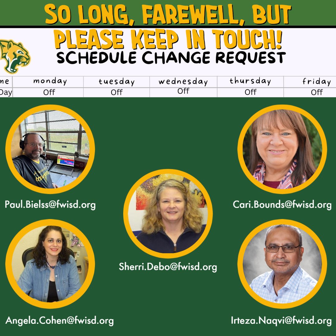 Five of our staff members are retiring. If they were your teacher, your counselor, or co-worker, be sure to send them a quick email before they sign-off. We will celebrate their retirement with a come and go reception next week.