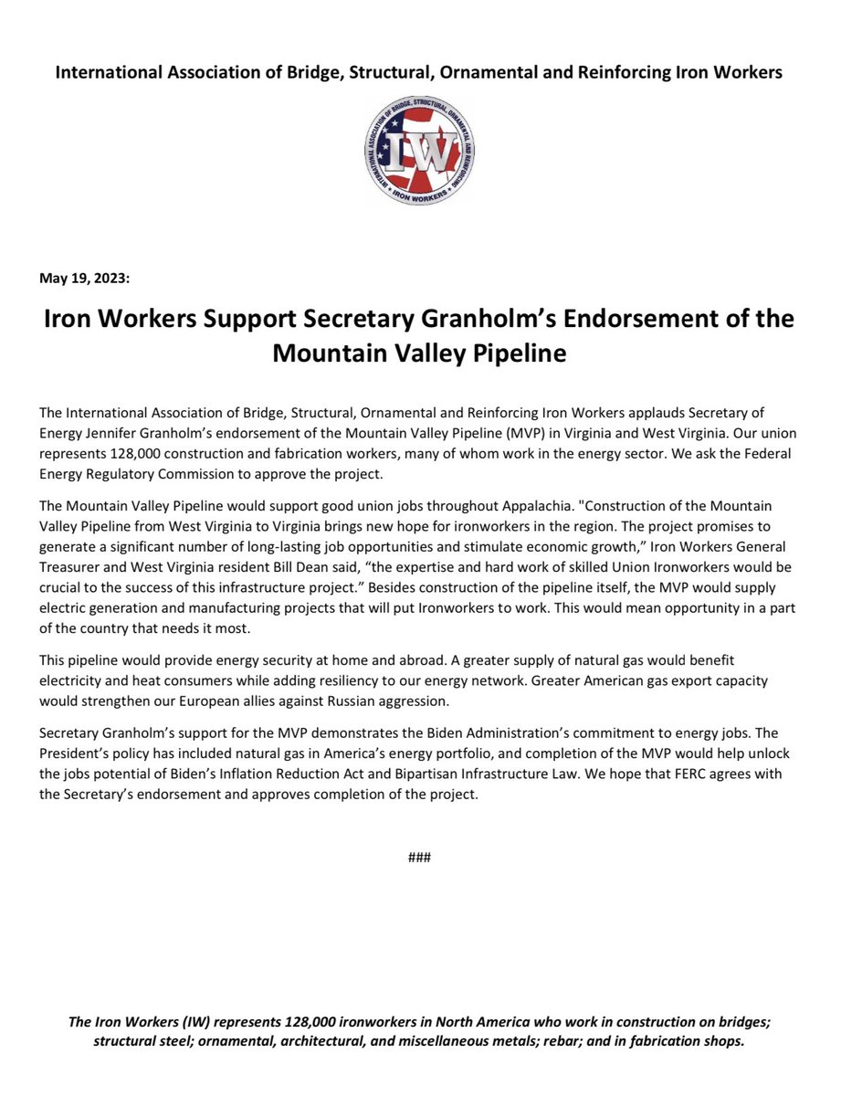 TheIronworkers's tweet image. IW’s support @SecGranholm in her endorsement of the Mountain Valley Pipeline. Besides construction of the pipeline itself, the MVP would supply electric generation and manufacturing projects that will put #Ironworkers to work.