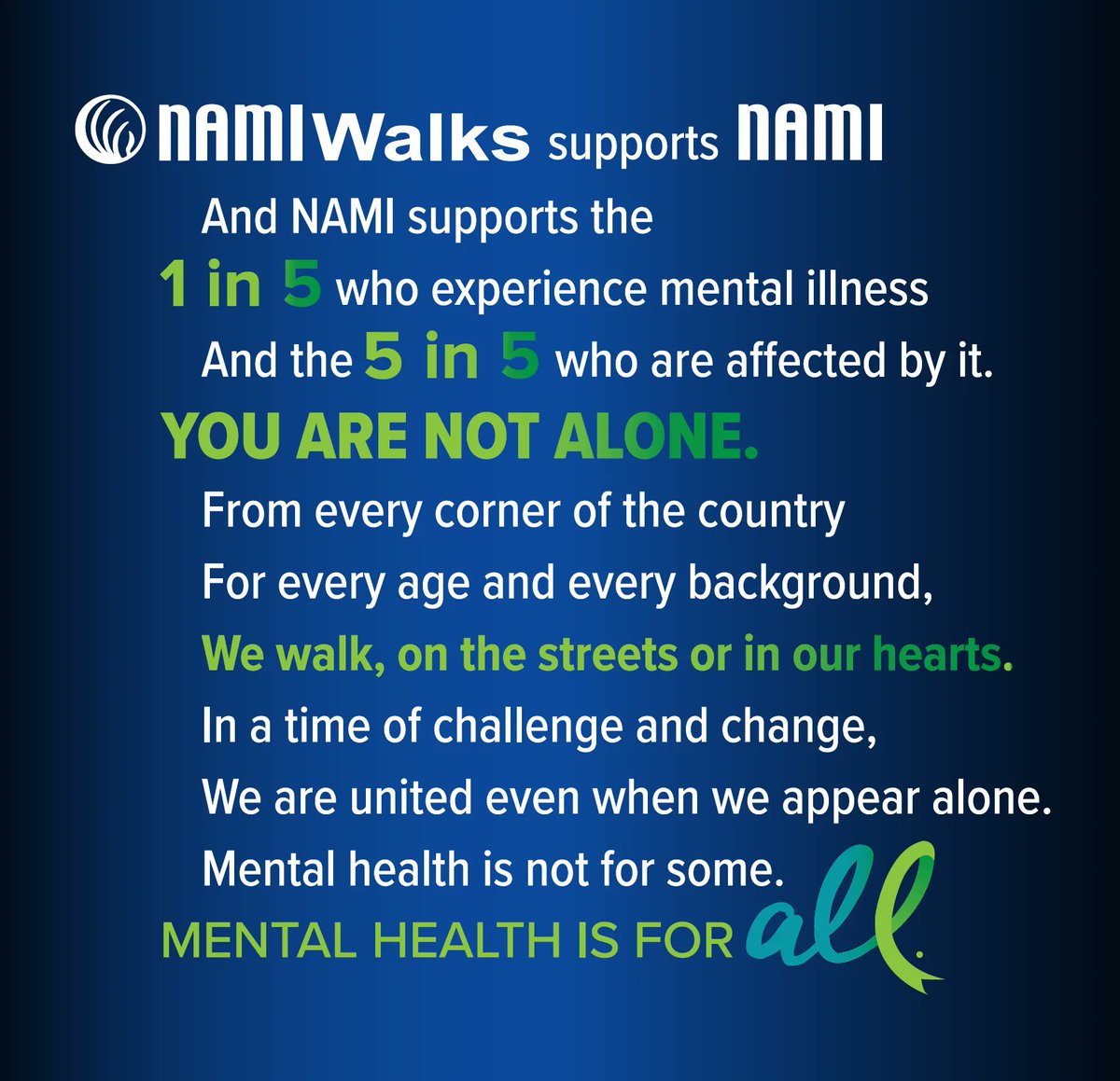 Mental Health is for ALL. You are not alone. Join us at NAMIWalks Central Oregon.
NAMIWalks.org/CentralOregon 
Saturday, May 20, 9-11 AM
American Legion Community Park
850 SW Rimrock Way, Redmond, OR 97756
#NAMIWalks #Together4MH