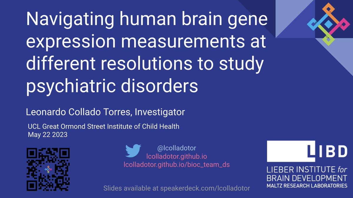 🇲🇽 Leonardo Collado-Torres (@lcolladotor) on Twitter photo If you are at <a href="/UCLchildhealth/">UCL Great Ormond Street Institute of Child Health</a> on Monday 5/22 & want to learn about 🧠 RNA-seq, snRNA-seq, spatial omics data join us at 1pm!
🛝speakerdeck.com/lcolladotor/uc…
<a href="/LieberInstitute/">Lieber Institute</a>
#derfinder -> #recount2 #recount3
#spatialLIBD -> #spatialDLPFC #Visium_SPG_AD
#deconvochallenge -> #TREG If you are at <a href="/UCLchildhealth/">UCL Great Ormond Street Institute of Child Health</a> on Monday 5/22 & want to learn about 🧠 RNA-seq, snRNA-seq, spatial omics data join us at 1pm!
🛝speakerdeck.com/lcolladotor/uc…
<a href="/LieberInstitute/">Lieber Institute</a>
#derfinder -> #recount2 #recount3
#spatialLIBD -> #spatialDLPFC #Visium_SPG_AD
#deconvochallenge -> #TREG