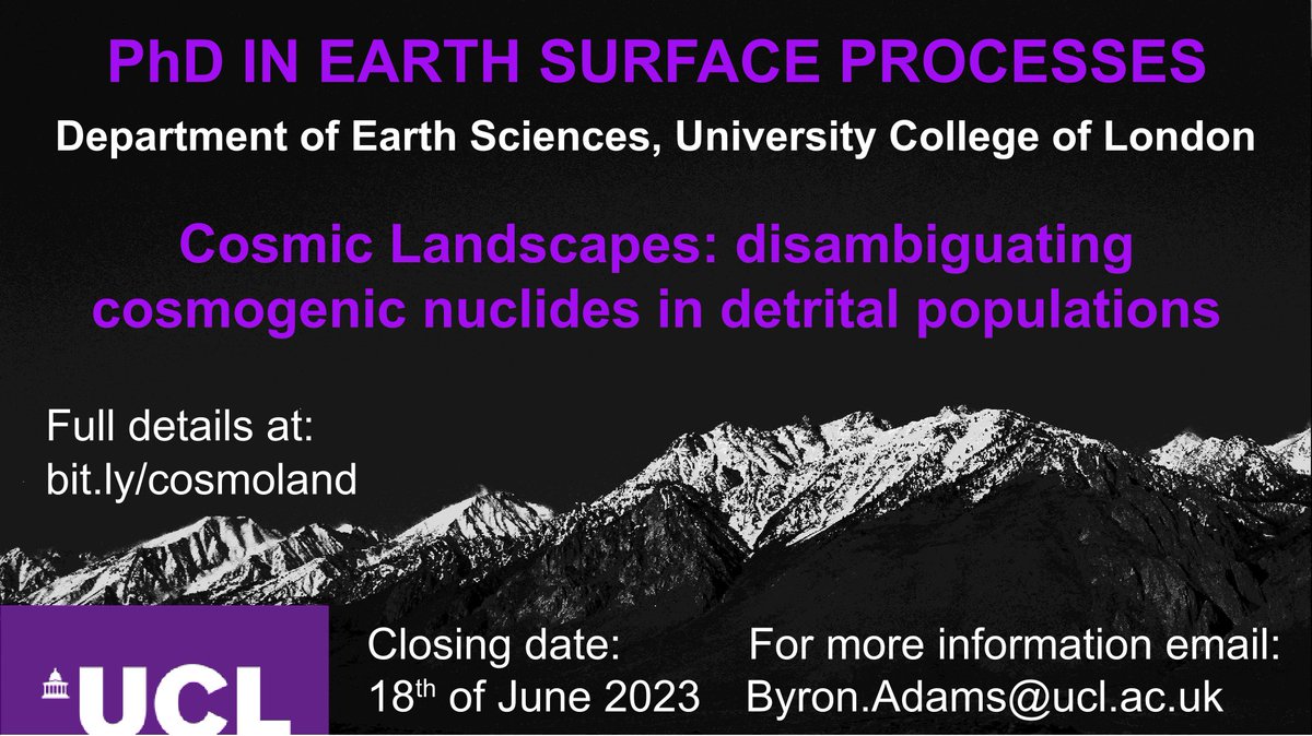 🚨PhD Position🚨Come work with me and <a href="/apatite4life/">Matthew Fox</a> to unlock secrets of cosmogenic nuclides within river sand. Fieldwork in Hawai'i and Sierra Nevada (US). Labwork <a href="/ES_UCL/">EarthSciences UCL</a>  London Geochron Centre, @SUERCNobleGas and <a href="/SESEASU/">School of Earth and Space Exploration</a>  Group 18 Labs.  Details @ bit.ly/cosmoland