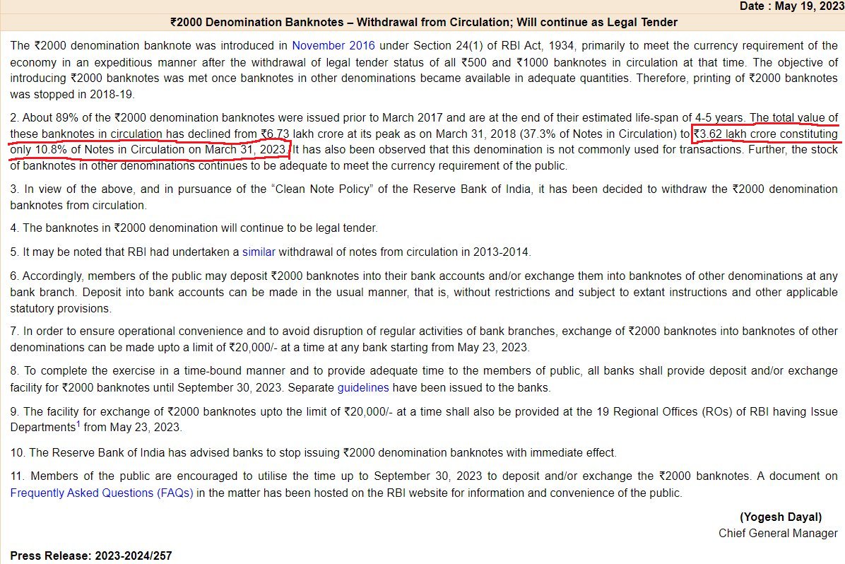 RBI's decision to withdraw ₹2000 notes is important because: 
(1) The move will help to ferret out a substantive part of the ₹3.6 lakh crores of Currency In Circulation (CiC) in ₹2000 notes currently (refer to the circular below, esp. the highlighted portion). As we have seen…