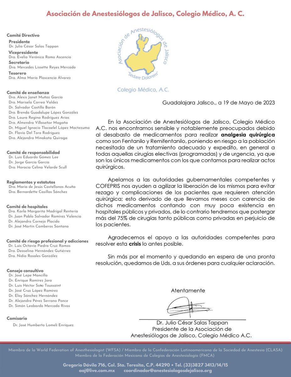 AAJ_Colegio's tweet photo. Comunicado sobre la crisis de desabasto de #fentanilo y #remifentanilo en nuestro país. Esperamos su respuesta @COFEPRIS @lopezobrador_ https://t.co/z4FGD6bgRJ