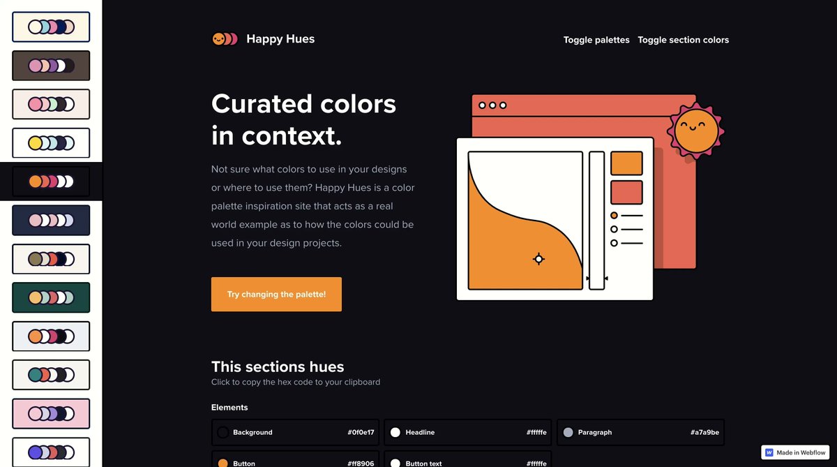 carmenansio's tweet photo. Si te cuesta elegir colores para tus proyectos, en "happyhues" puedes elegir entre varias paletas de colores y aplicarlas en directo a la interfaz para ver el resultado. 

👉 https://t.co/5kJavtImx5 👈 https://t.co/ZfhkRHAWK0