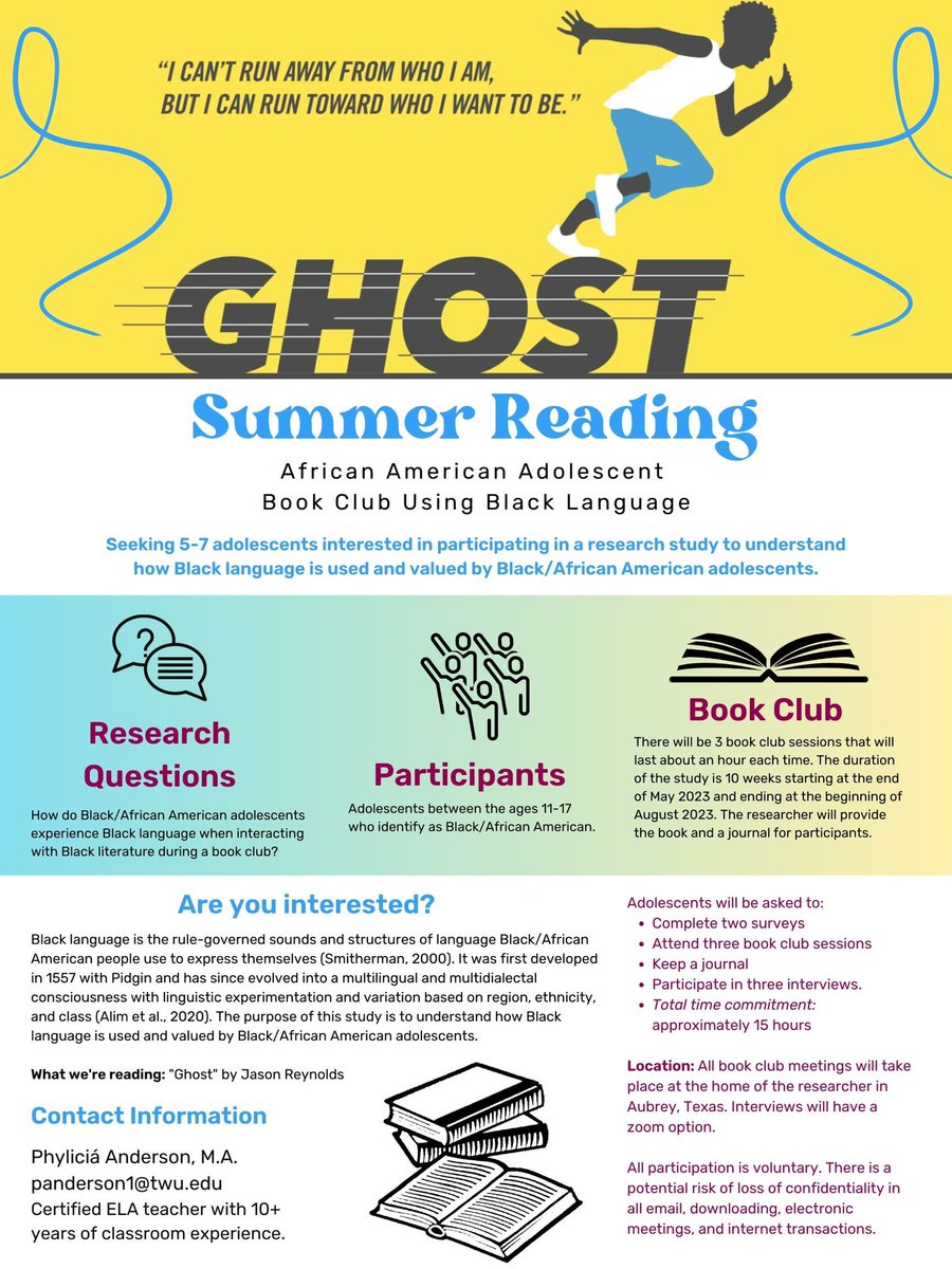 Looking for 5-7 adolescents between the ages of 11-17 years old who are interested in participating in a research study to understand how Black language is used and valued by Black/African American adolescents. Email me at panderson1@twu.edu if you are interested.