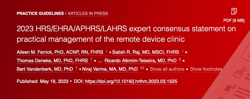 📣📣🆕New Consensus ¡¡¡ 2023 EXPERT CONSENSUS STATEMENT ON PRACTICAL MANAGEMENT OF THE REMOTE DEVICE CLINIC Multisociety work @HRSonline #EHRA @APHRSOfficial and @LAHRSonline1 Vía @hrs_journal Fulltext 🆓 heartrhythmjournal.com/article/S1547-…