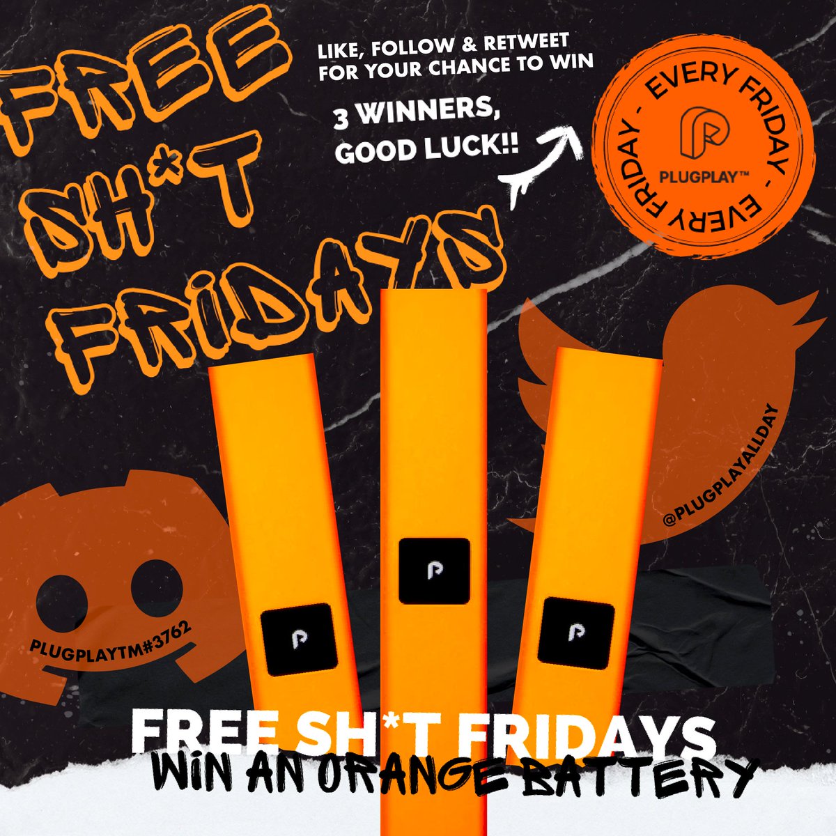 plugplayallday's tweet photo. 🟠FREE SH*T FRIDAY🟠

We're giving 3 followers a chance to win our ORANGE STEEL BATTERY! (1 set each)

To Enter:
1) Must be following @plugplayallday
2) RT+Like this post

📢US participants only
🚫NO CANNABIS INCLUDED
🏆Winners announced May 24th https://t.co/m1gRlbe7X0