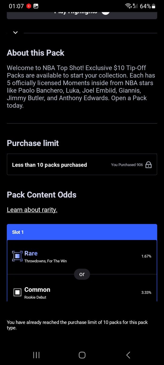traveladdictnft's tweet photo. The app says that I have purchased 906 Top Shot Packs. That must include Locker packs? Still no #1 serial, Jersey Match or Legendary pulled. #nbatop https://t.co/jdkPTSNBal
