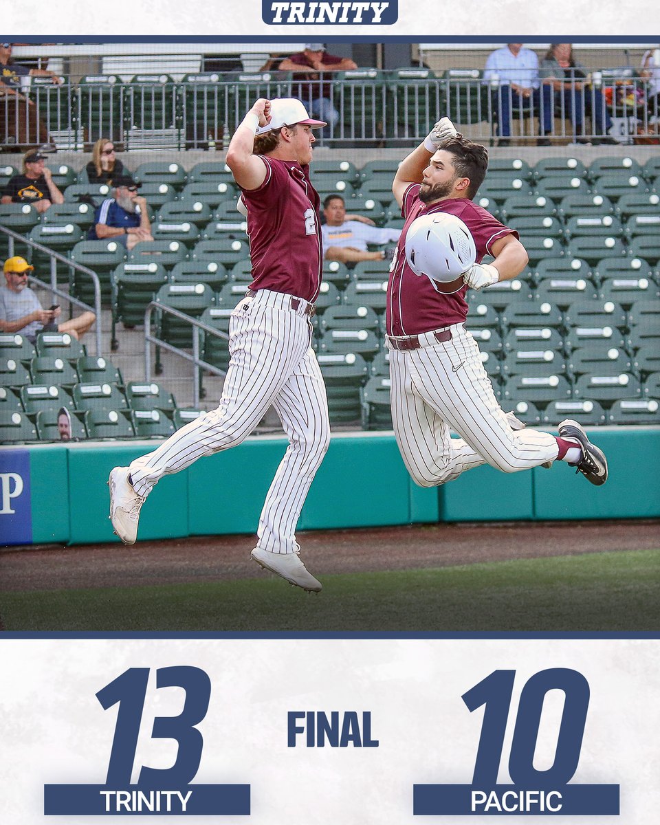 No. 3 seed @TrinityTigersB2 holds off No. 2 seed Pacific to win @NCAADIII Playoff game in 10 innings! #TigerPride #d3baseball Cristian Holloway broke a 9-9 tie with a 10th-inning GRAND SLAM to lift the Tigers to victory!