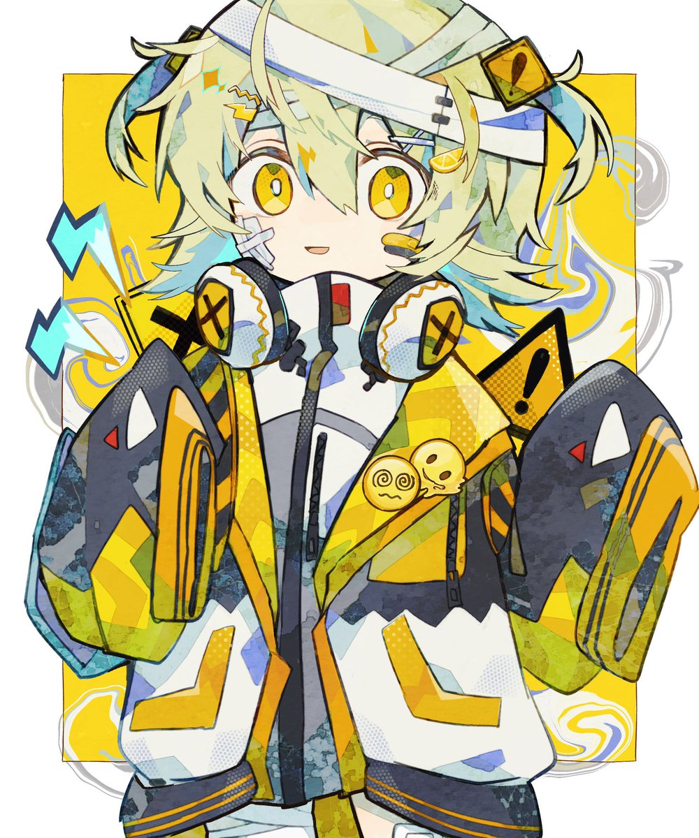 solo yellow eyes sleeves past fingers hair ornament bandages sleeves past wrists jacket  illustration images