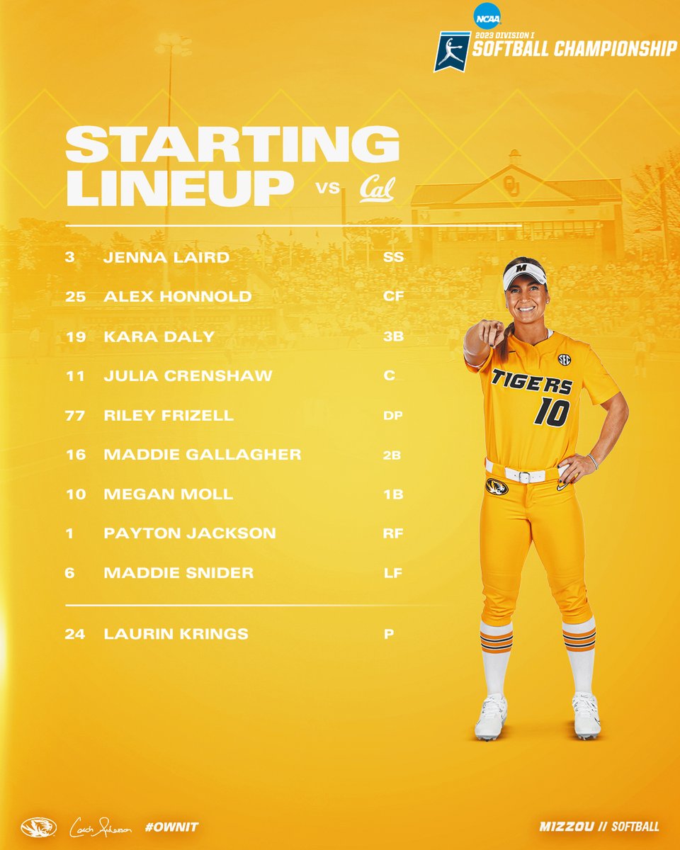 Game 1⃣ Starters for the Tigers at the 2023 NCAA Norman Regional!! 

#OwnIt #MIZ 🐯🥎 | #RoadToWCWS
