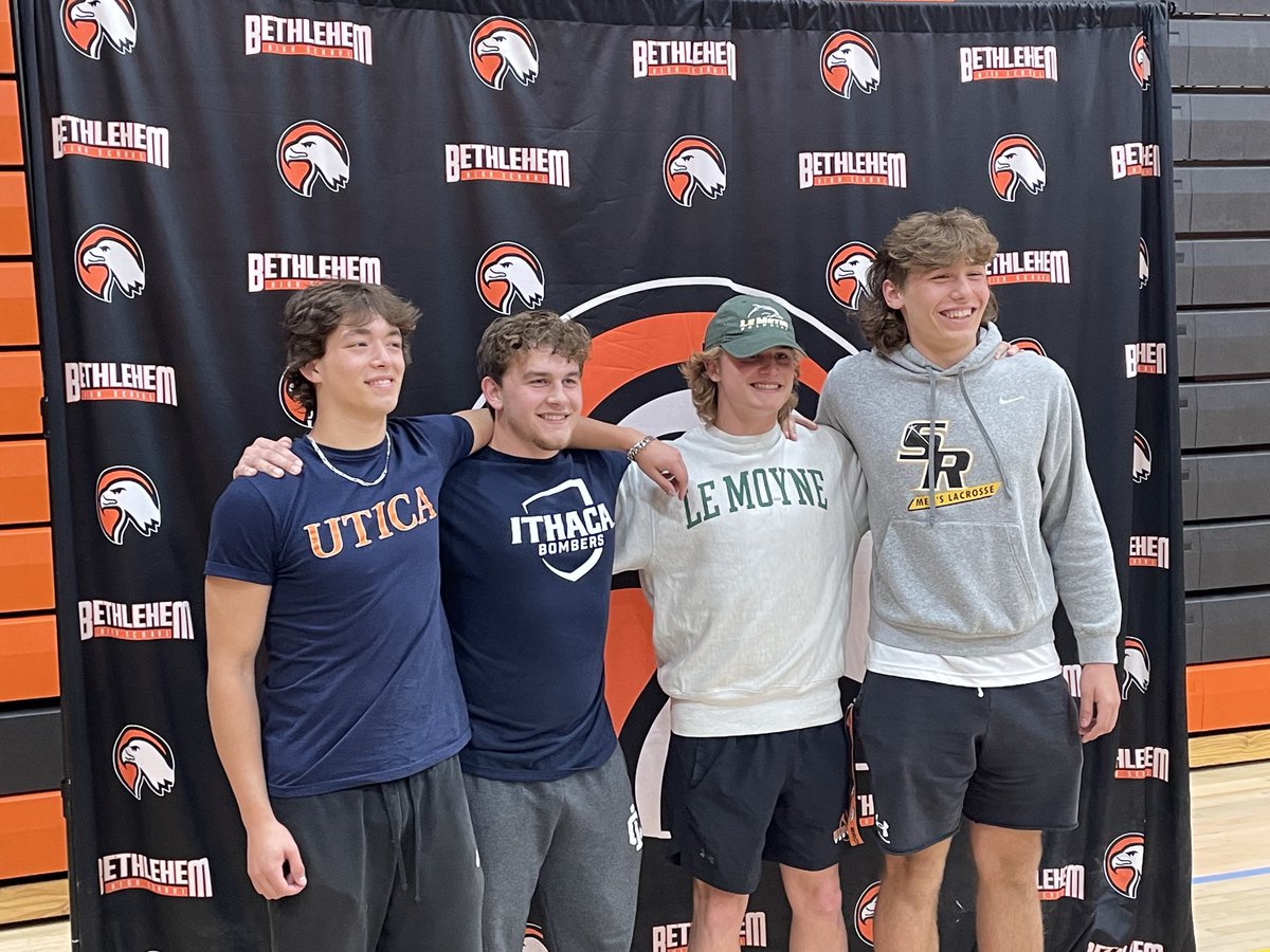 Congrats to our ⁦<a href="/BCSD_Girdiron/">BC Eagles Football</a>⁩ players for signing their letter of intent.
Zack Foro ⁦<a href="/SaintRoseMLax/">Saint Rose Men’s Lacrosse</a>⁩
Luke Diamond ⁦<a href="/Utica_Football/">Utica Football</a>⁩ 
Liam Johnson ⁦<a href="/ithacamlax/">Ithaca College Men's Lacrosse</a>⁩ 
Danny Johnson ⁦<a href="/LeMoyneMLax/">Le Moyne College Men's Lacrosse</a>⁩