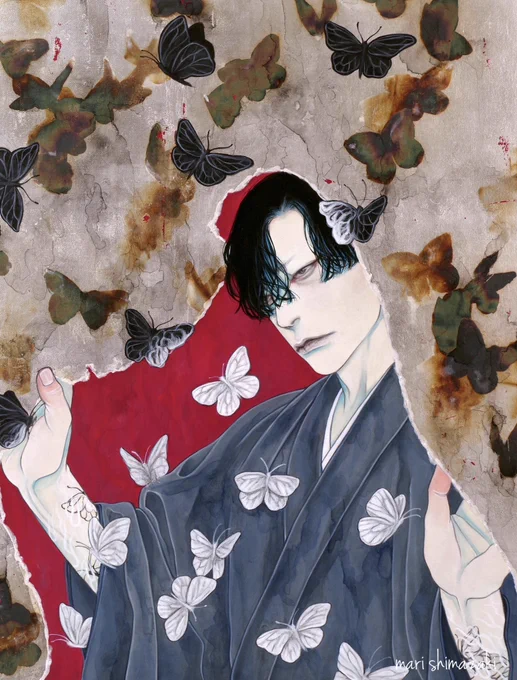 個展「彼我の境」 今日明日は終日在廊いたします   gallery cafeBar冥にて5月28日迄 gallerycafebar-mei.com  「うつし世に舞う」 毒蝶に擬態する蝶から着想を得ました。 背景の箔は蝶の形に焼いています。 新作(対のものは除く)の共通のモチーフが炎で、作品のどこかに描いています。