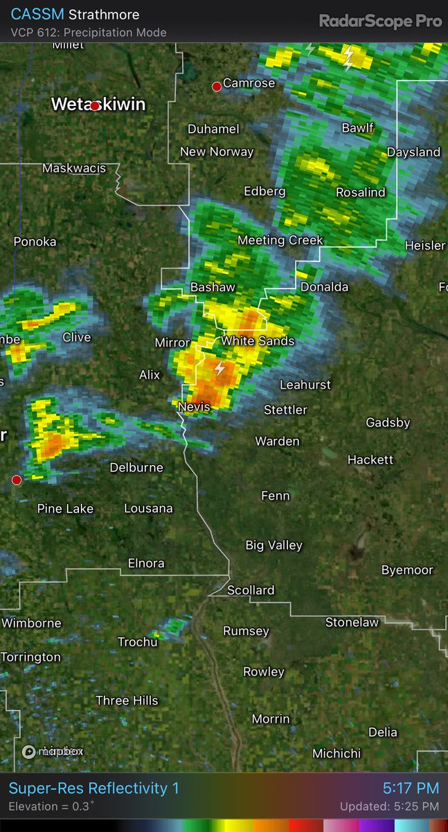 Thundershowers moving into Stettler CASSM - Super-Res Reflectivity 1 5:17 PM #ABStorm