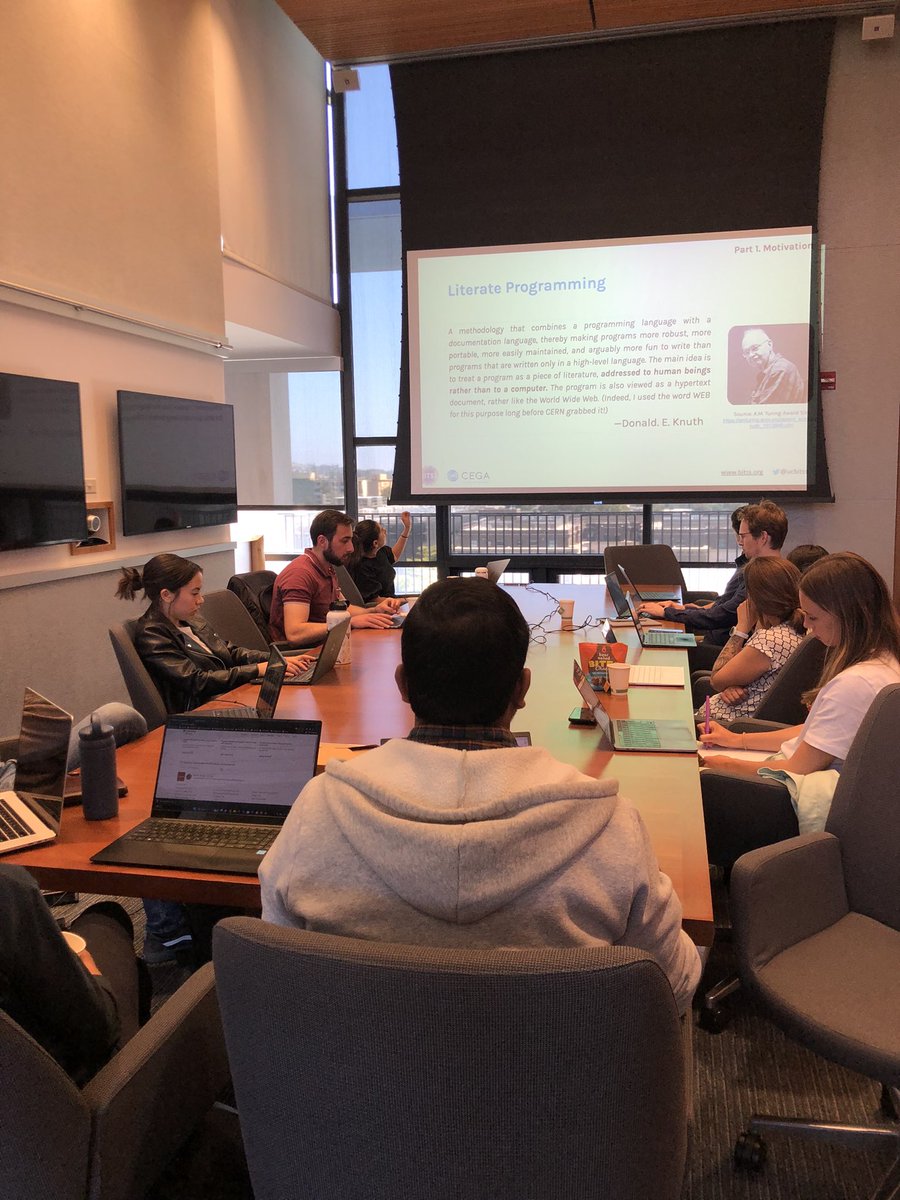 UCBITSS's tweet photo. Parallel sessions for Dynamic Documents: participants chose between @ProjectJupyter Notebooks for @Stata (led by Daniela Pinto Veizaga of @CEGA_UC) and @quarto_pub for R (led by Andrew Bray at @UCBIDS)! #RT2Berkeley https://t.co/VlFkweHZSi