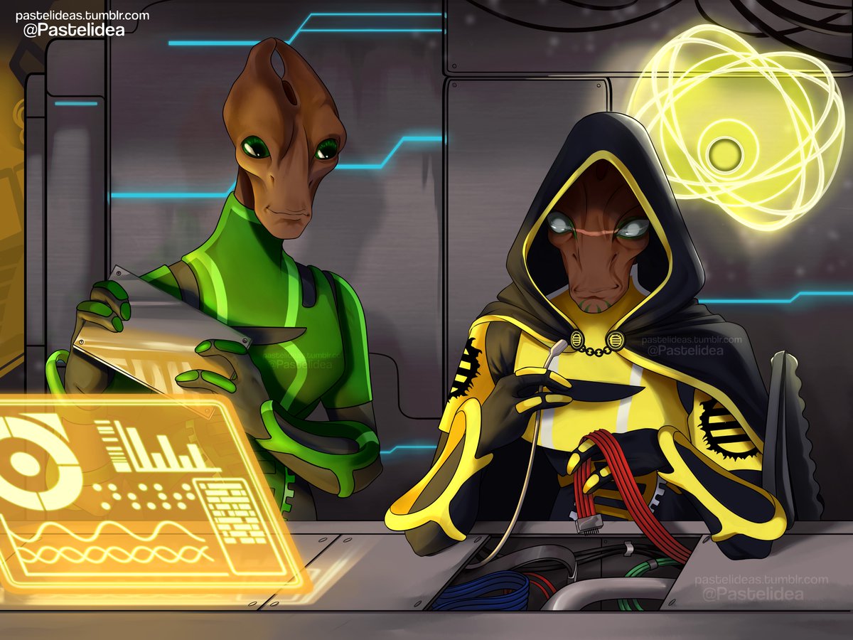 Commission for starthefoxhound on tumblr of their Mass Effect OCs  Yolen (left) and Zaedin (right).
#masseffect #commissions