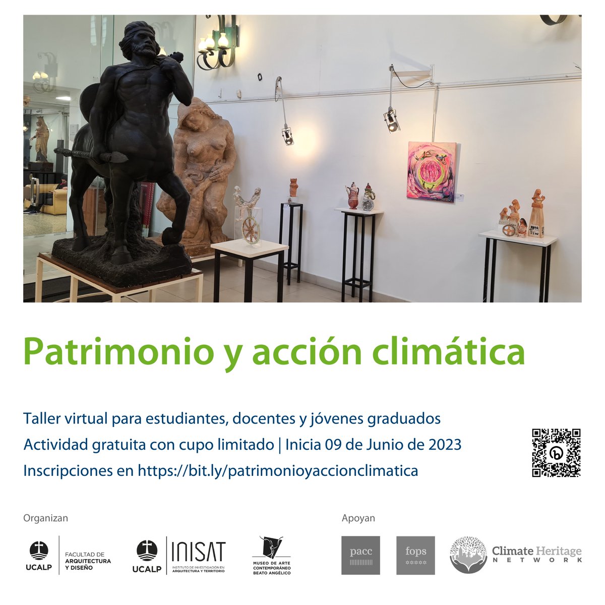 📝 Taller virtual de patrimonio y acción climática

📆 Actividad gratuita con cupo limitado | Inicia 09 de Junio de 2023
.
👩‍💻👨‍💻 Inscripciones en bit.ly/patrimonioyacc…

#TallerVirtual #Patrimonio #AcciónClimática #INISAT #FAD #UCALP #MuseoUCALP