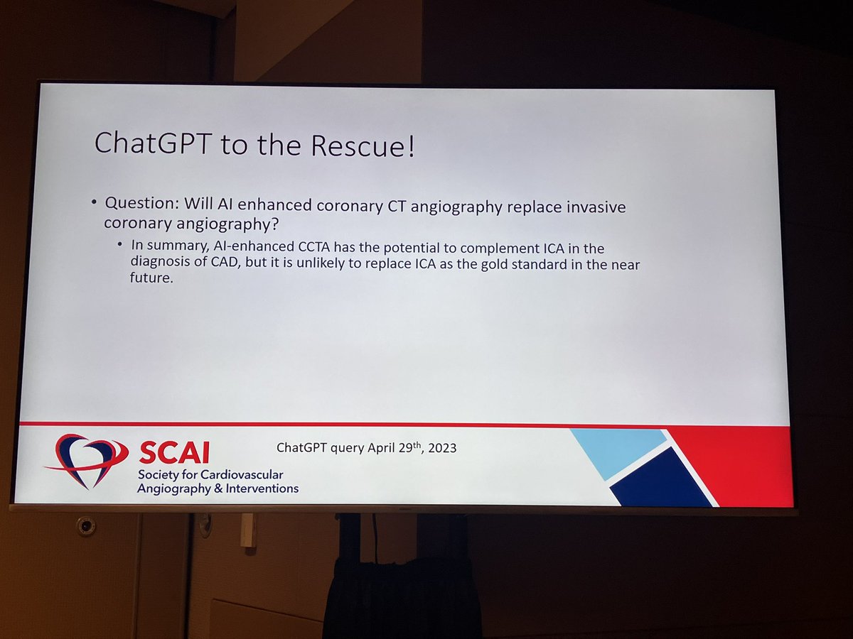 SCAI's tweet photo. In his talk on clinical AI, Dr. Larry Dean asked a โfriendโ: Will AI enhanced coronary CT angiography replace coronary angiography? See the response. #SCAI2023 #AI #cardiacAI #CTangiography https://t.co/eZul20VvrX