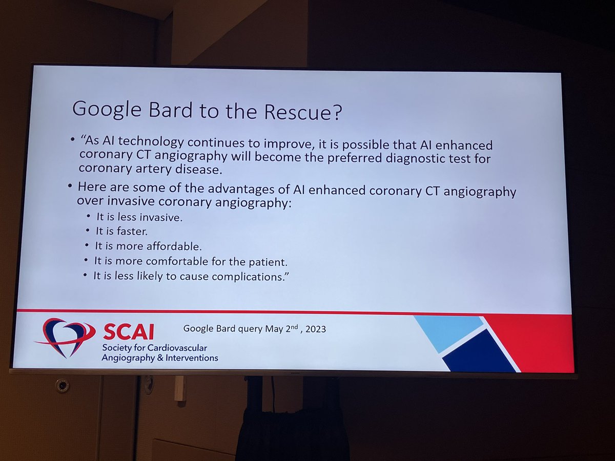 SCAI's tweet photo. In his talk on clinical AI, Dr. Larry Dean asked a โfriendโ: Will AI enhanced coronary CT angiography replace coronary angiography? See the response. #SCAI2023 #AI #cardiacAI #CTangiography https://t.co/eZul20VvrX