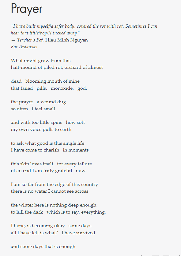 I'm so grateful to the folks at <a href="/BearReview/">Bear Review</a> for giving this poem a home, and of course to the found family and community down in AR. I wasn't sure this poem would make it outside the manuscript, but it's always meant a lot to me. TW: suicide/al ideation, depression, post trauma.