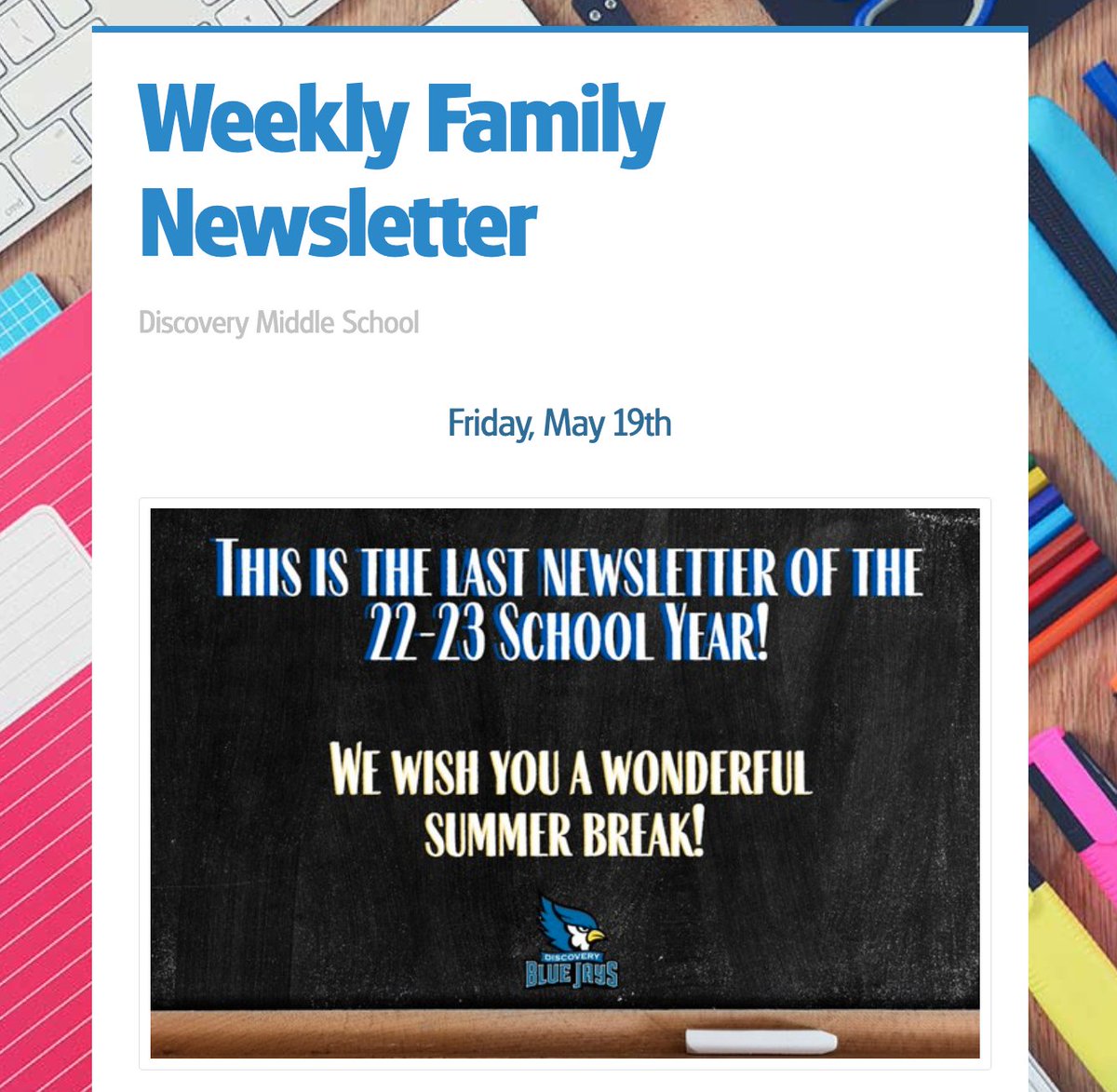 dmsbluejays's tweet photo. This is the last newsletter of the school year DMS! Check out all of the important info here--> https://t.co/YzWRZJWY0b
#dmsleads
#dmswave https://t.co/LwqLLufsAD