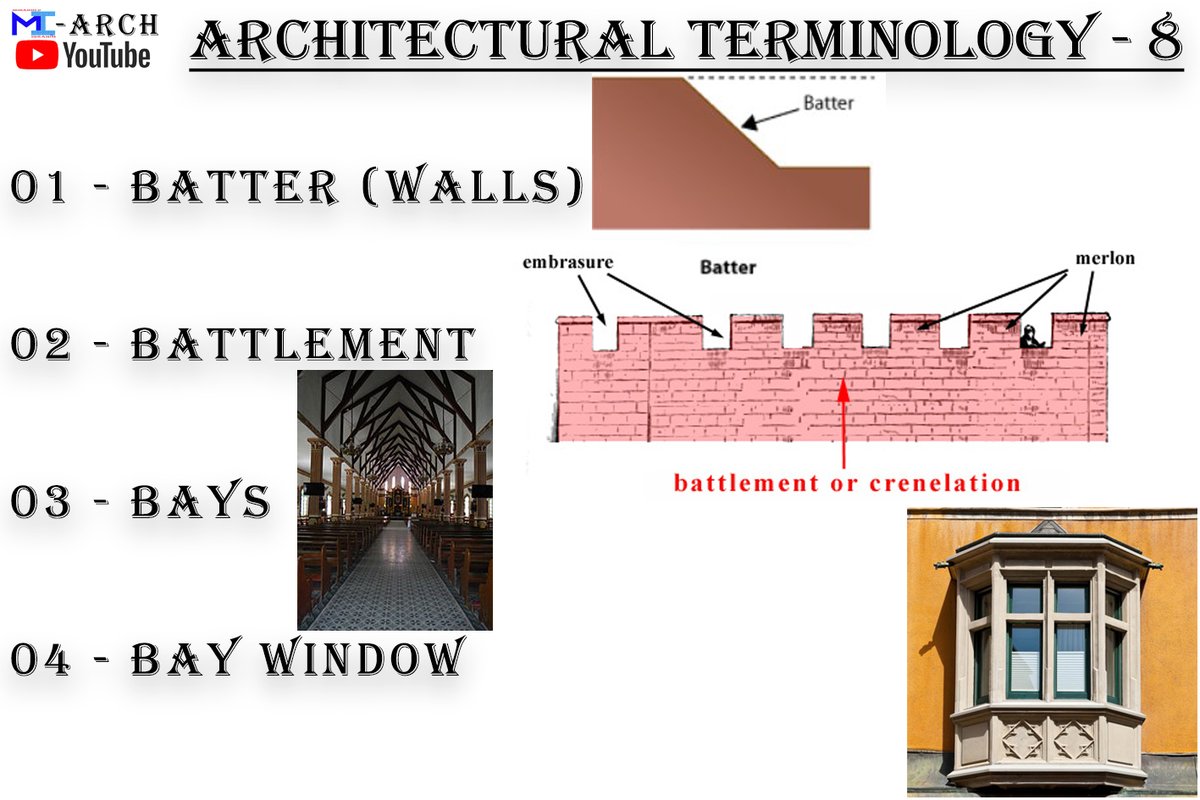 ARCHITECTURAL TERMINOLOGY - 8
 #architecture #design #batterwalls #baywindow  #battlement #architecturestudies #architecturedesign #architecturestudent #architectureschool #architectureanddesign #oldarchitecture #vintagearchitecture #vintagedesign #contemporaryarchitecture