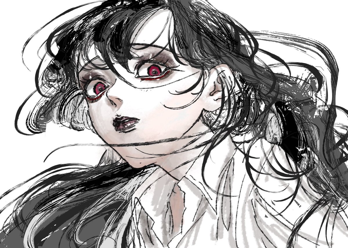 1girl solo long hair shirt black hair white background simple background  illustration images