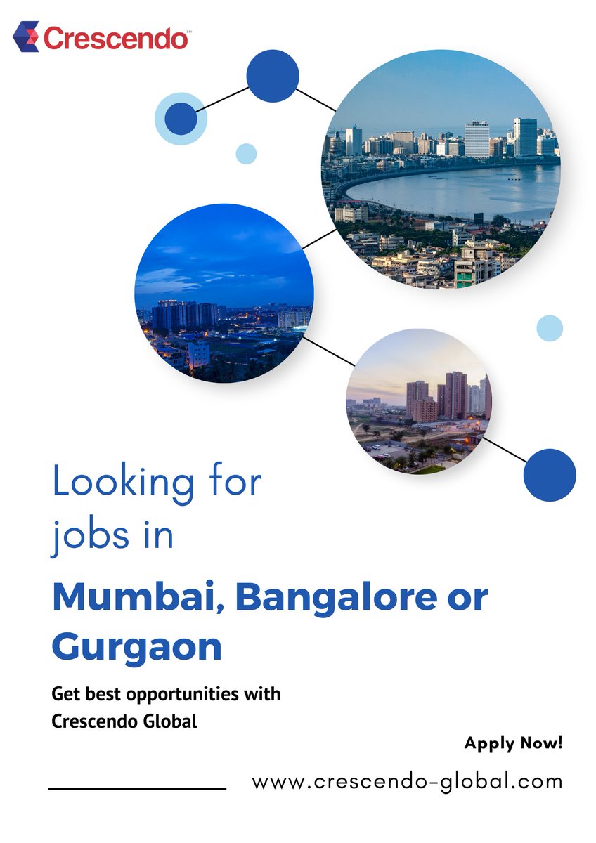 Looking for jobs in Mumbai, Bangalore, or Gurgaon?
Get the best opportunities with Crescendo Global.

Apply now at:
Mumbai: buff.ly/3OXCnq4
Bangalore: buff.ly/3iwtSGo
Gurgaon: buff.ly/3B0WsGa

#jobsinmumbai #mumbaijobs #mumbai #bangalore #jobsingurgaon
