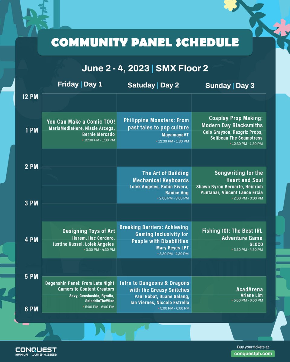 We're bringing you the rundown of our Community Stage this #CONQuest2023! ✨

Which among these Panels will you most likely be watching? Sound off in the comments section. 🗣️

#SeeYouInTheSkies ☁️