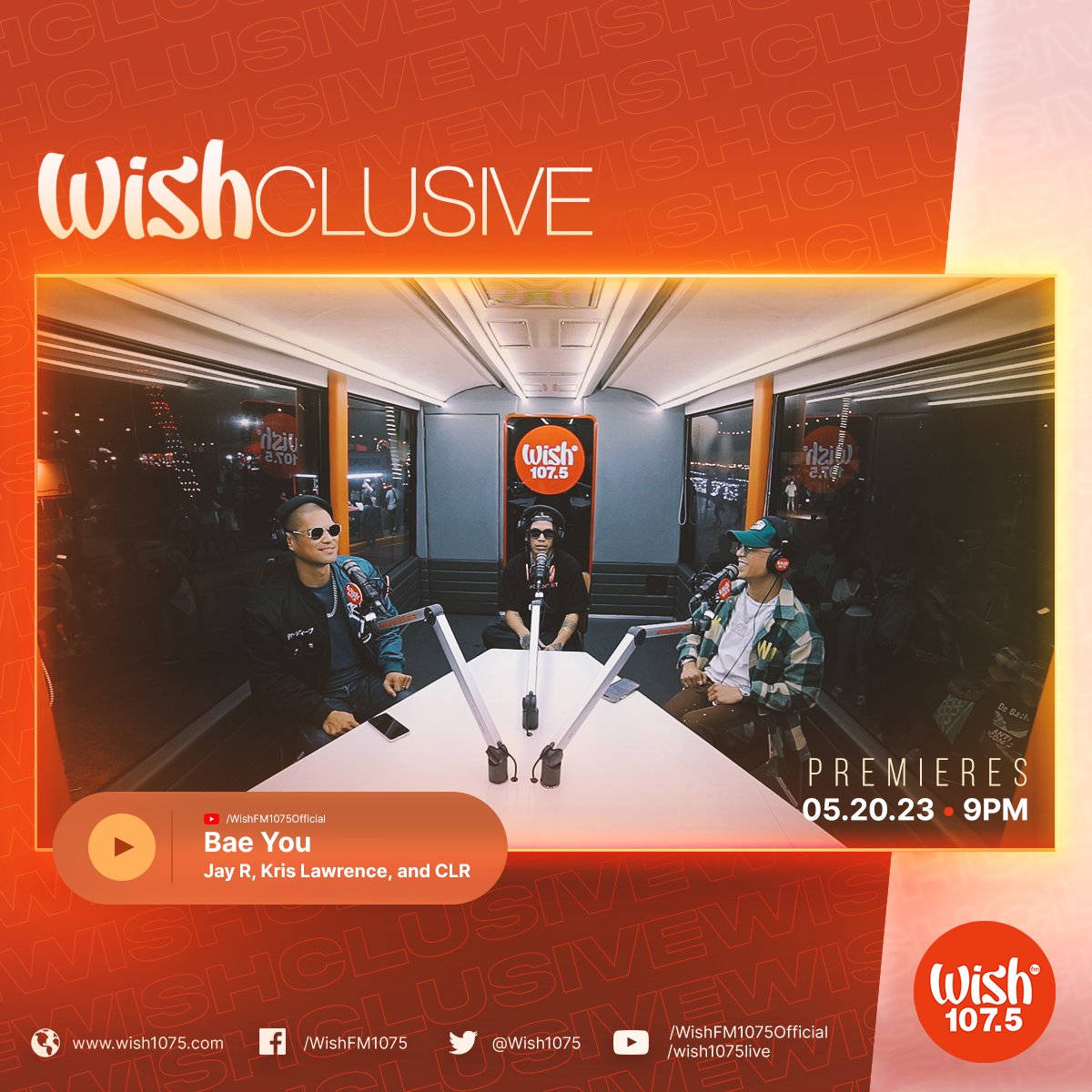 .<a href="/rnbjayr/">Jay R</a>, <a href="/ImKrisLawrence/">Kris Lawrence</a>, and <a href="/CLfvcknR/">CLR</a> are linking up for our Wishclusive offering this Saturday night! Their Wish Bus performance of their newly released single, "Bae You," drops at 9 p.m. PHT on our YouTube channel!