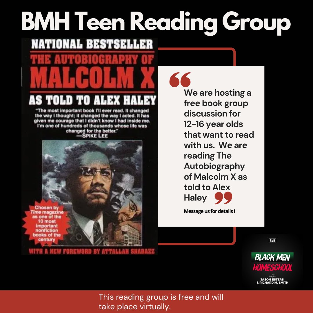Hey Family! We are hosting a free book group discussion for 12 to 16 year olds that want to read with us. We are reading The Autobiography of Malcolm X as Told to Alex Haley. Message us if you’re interested. #MalcolmXDay #malcolmx #blackhomeschoolers #blackliterature